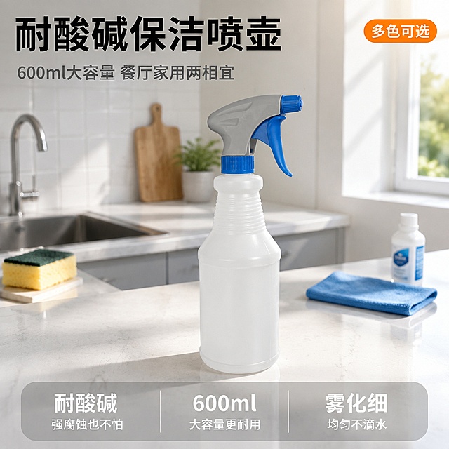 [主图-1] 保洁喷壶洁净感首图，厨房清洁场景
[氛围风格] 明亮洁净的现代家居厨房场景，清爽通透，专业实用主义
[画质] 商业摄影质感、光线柔和通透、产品清晰真实、画面干净高级
[元素] 蓝色喷头白色瓶身的保洁喷壶居中偏右放置在整洁的白色石英石台面上，瓶身微微倾斜45度角展示完整形态。背景是浅灰色橱柜和白色瓷砖墙面，左侧有不锈钢水槽和清洁海绵，台面上放着一块干净的蓝色抹布和一小瓶清洁剂作为道具。阳光从右侧窗户洒入，形成柔和的光影。保持喷壶外观（即物理结构、材质质感、颜色）与输入产品图一致，杜绝任何变形和色差，精细化处理。商品主体占比约65%。画面满屏无边框。
[光影] 右侧自然光为主光源，柔和明亮，台面有轻微反光，瓶身有自然高光带，整体通透干净，光比舒适，暗部有层次
[配色] 主色洁净白+浅灰；辅色清透蓝（喷头）、浅木色；强调色亮橙（促销角标）
[视角构图] 平视略偏俯视角度，产品为视觉中心，前中后景分层，景深中等，背景适度虚化突出主体
[文字版式] 左上负空间左对齐留安全边距，大字主标题"耐酸碱保洁喷壶"黑色粗体无衬线最大号；副标题"600ml大容量 餐厅家用两相宜"约半高、深灰色。右上角"多色可选"橙底白字圆角小标签。底部通栏半透明浅灰蒙层均分三列，列内上短句下说明左对齐：列一「耐酸碱」「强腐蚀也不怕」列二「600ml」「大容量更耐用」列三「雾化细」「均匀不滴水」；上层短句更重，白字与暗底强反差，现代无衬线字体
[输出要求] 1:1比例，文字清晰锐利，画面超高清商业摄影质感
[负向提示词] 变形，文字错乱，产品图模糊，背景杂乱，水印，电商平台Logo，多余的手，畸形手