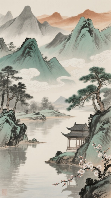 中国风背景，水墨画风格，不同色调，有的以青绿色为主调，展现山川的清新秀丽；有的用赭石色渲染，营造古朴厚重的氛围；有的则以淡雅的灰色系呈现，凸显宁静悠远的意境。画面中，或有层叠起伏的山峦，线条流畅自然，墨色浓淡相宜；或有波光粼粼的水面，倒映着天空与景物，增添灵动之感；或有飘逸的云彩，形态各异，似轻纱般缭绕山间。同时融入不同样式的元素，有的背景中点缀着挺拔的青松，枝干苍劲有力；有的则在角落绘制绽放……预览效果