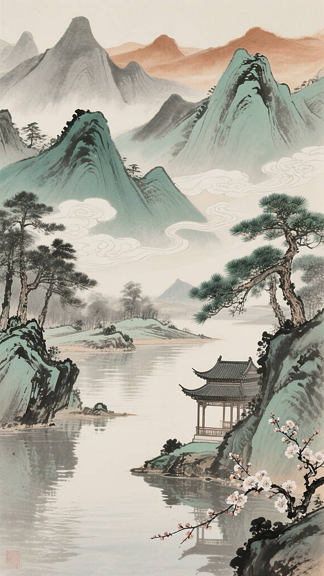 中国风背景，水墨画风格，不同色调，有的以青绿色为主调，展现山川的清新秀丽；有的用赭石色渲染，营造古朴厚重的氛围；有的则以淡雅的灰色系呈现，凸显宁静悠远的意境。画面中，或有层叠起伏的山峦，线条流畅自然，墨色浓淡相宜；或有波光粼粼的水面，倒映着天空与景物，增添灵动之感；或有飘逸的云彩，形态各异，似轻纱般缭绕山间。同时融入不同样式的元素，有的背景中点缀着挺拔的青松，枝干苍劲有力；有的则在角落绘制绽放的梅花，暗香浮动；还有的加入了古朴的亭台楼阁，依山傍水，尽显中式建筑之美，整体营造出多样且富有韵味的中国风意境。