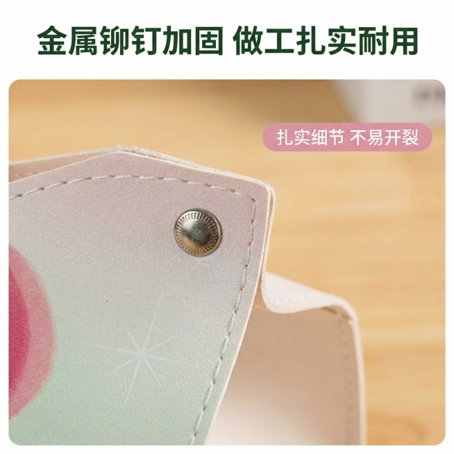 [主图 3] 金属铆钉工艺细节展示
[氛围/风格] 清晰工艺特写，柔和自然光影
[画面元素] 放大展示抽纸盒边角金属铆钉加固部位，保留原产品外观，清晰呈现金属铆钉和缝线做工细节，背景简洁虚化
[配色色预览效果