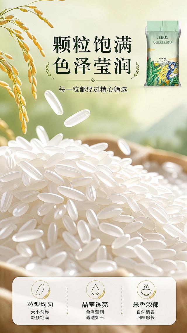 [第3张] 原料品质页-瑞德源稻香米米粒微距特写。本张使用【图1】正面米袋作为产品辅助展示。
[商品] 使用【图1】正面瑞德源5kg稻香米袋；保留包装所有细节，缩小放置于右上角辅助展示。
[画面] 目标突出米粒品质细节。画面主体为大量散落的白米粒微距特写，米粒饱满修长，晶莹透亮有光泽，部分米粒堆成小山状，还有几粒从上方洒落的动态瞬间；左上角有一小束金黄稻穗装饰；右上角放置迷你瑞德源米袋包装，占比约15%；米粒元素占画面60%以上，突出米质细节。
[视觉] 套系策略：风格=田园民族风+家常烟火气，温暖自然商业摄影质感；标题字=温润宋体粗体；正文字=简洁黑体；主色=浅草绿+米白色；背景延展=基于米白和浅绿做渐变层次、稻田虚化质感；强调色=金黄色，仅用于稻穗、标签点缀和高光；标题色=深墨绿色；正文色=深棕色；组件=圆角浅底信息卡、细线引线、稻穗装饰元素；光影=柔和顶光+侧光，米粒表面有自然高光点，通透有质感，阴影柔和，微距景深效果。
[文字] 顶部标题+底部品质标签。主标题「颗粒饱满 色泽莹润」，副标题「每一粒都经过精心筛选」，温润宋体居中；底部三个品质标签横向排列：「粒型均匀」「晶莹透亮」「米香浓郁」；每个标签配小图标。
[规格] 9:16竖版比例，4K分辨率，文字清晰可辨，高清画质。负向：米粒变形，水印，文字错乱，背景杂乱，米粒颜色发黄发暗，质感差，碎米多。