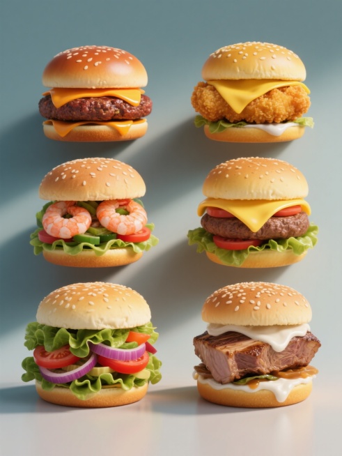 6个不同口味汉堡的系列集合，采用高写实主义3D渲染风格，每个汉堡都具有超细腻的食物质感和光泽，纯色背景，整体色彩根据不同口味调整：牛肉堡呈现焦香的棕红色牛肉饼与橙黄色芝士的经典搭配，鸡排堡为金黄酥脆的炸鸡排配亮黄色芝士，芝士堡突出多层融化的黄白色芝士与牛肉的棕褐色，虾排堡展现鲜嫩的粉红色虾排与青绿色蔬菜，蔬菜堡以丰富的绿色生菜、红色番茄、紫色洋葱等多彩蔬菜为主色调，羊排堡则是浅棕色的嫩煎羊排搭……预览效果