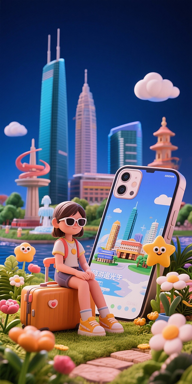 旅游追光少年，3d卡通风格，深蓝色背景，立体微缩景观。一个时尚女孩戴着墨镜坐在行李箱上，她的旁边是一个巨大的手机，，她的身后是山东的地标建筑微缩模型，包括泉标、济南绿地中心、青岛五四广场、大明湖，周围环绕着生长的植物和花朵，身边有卡通拟人化的星星、花朵、云朵作为装饰，整体风格青春有活力，搭配青春气息的多巴胺色彩，采用OC渲染，光线追踪技术，画面明亮，细节丰富，色彩鲜艳