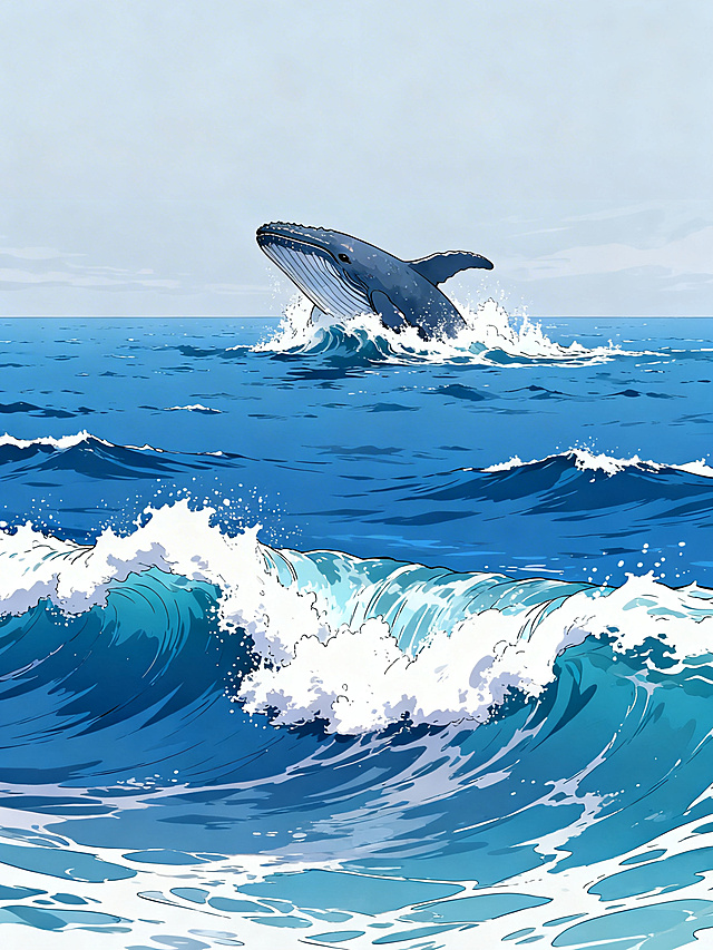 动漫风格，远景，深蓝色的广阔海面，一头巨大的鲸鱼正从远处的海浪中破浪而出，海面翻涌着白色的浪花，天空是淡淡的灰蓝色，整体氛围开阔又充满自然的磅礴感，画面色彩明亮柔和，线条流畅，典型二次元动漫质感