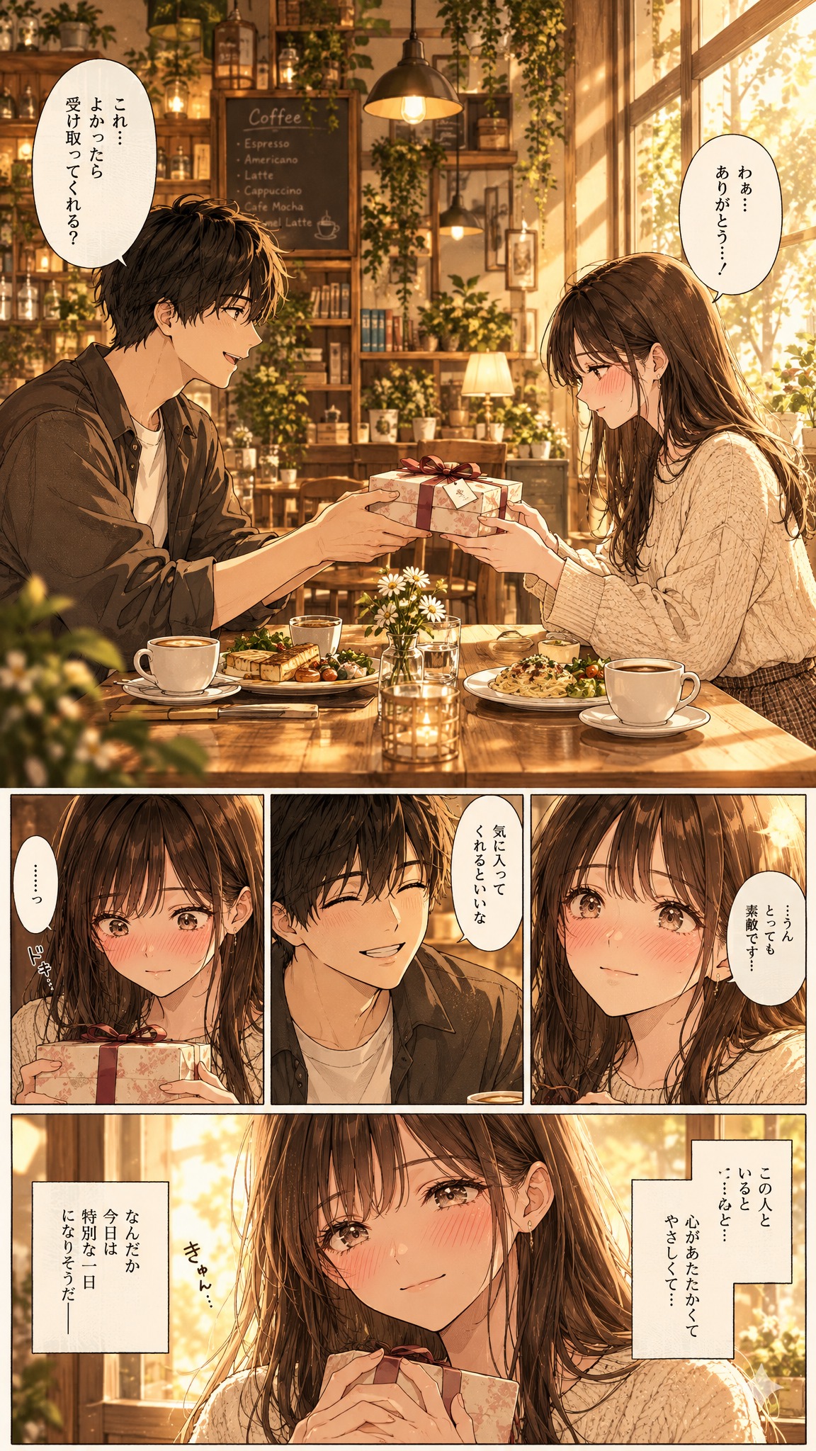 日式悬疑漫画风格，温馨咖啡馆内景，年轻男生穿着休闲装手捧包装精… - 图片创意预览