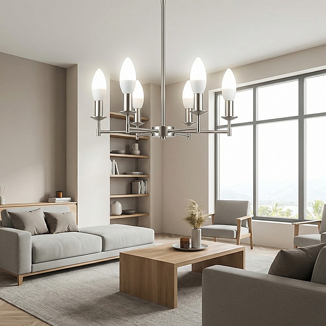 Keep the product appearance exactly the same as the input image. Show C37 LED candle bulbs installed on a chandelier in a modern living room, lit with 4000K neutral white color temperature. The natural balanced light creates a bright yet comfortable living atmosphere, clean neutral interior background. Product appearance unchanged, 1:1 square, 2K resolution.