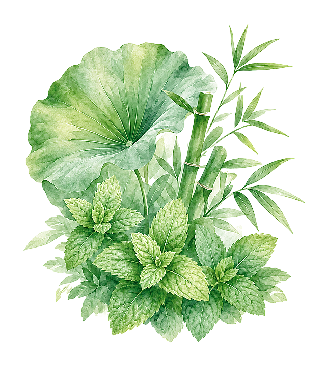 适当降低这幅植物水彩插画整体亮度，调整色彩饱和度和明度，让绿色自然清新，不刺眼，保持原构图和水彩风格，维持干净白色背景