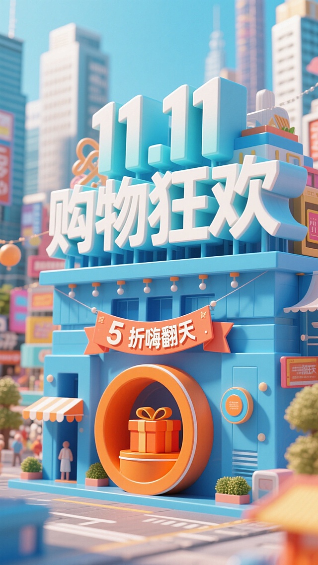以蓝色为主色调，前景是立体字组成的醒目建筑， “11.11购物狂欢” 立体大字（白与浅蓝渐变，配装饰）及下方 “5 折嗨翻天” 横幅；中间有橙色圆形装置（内有礼物）；背景是繁华都市