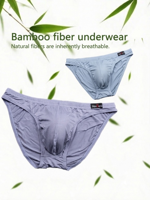为男士竹纤维内裤商品图添加产品说明文字，添加的文字内容为：Bamboo fiber underwear Natural fibers are inherently breathable.，保留原图的两预览效果