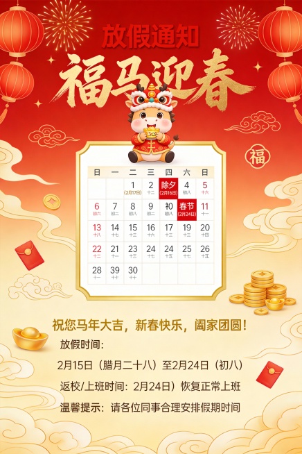 1.文案信息：大标题文案“福马迎春”采用醒目的金色中国书法字，搭配可爱的卡通小马形象，营造欢乐吉祥的节日氛围。
小马身着传统中式服饰，头戴舞狮帽，嘴里叼着红包，形象生动可爱，极具亲和力，特别适合面预览效果