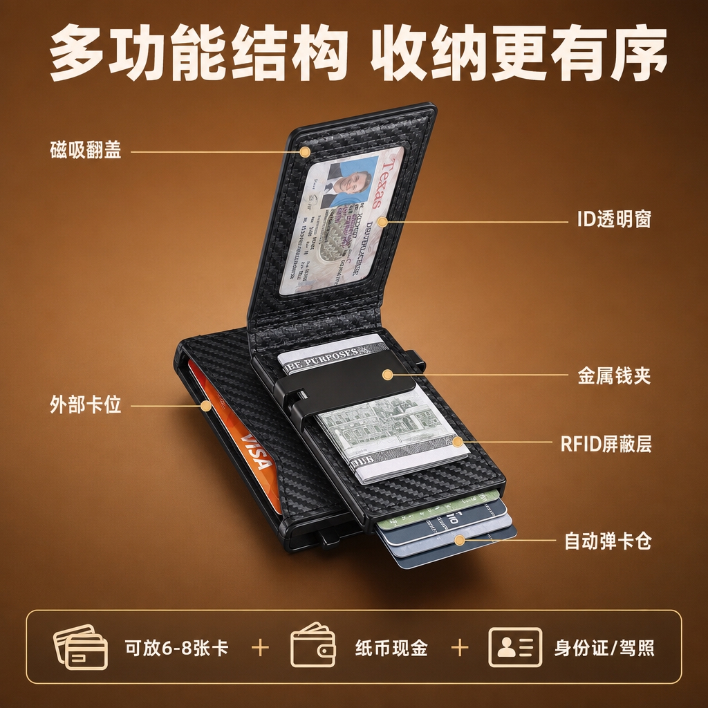 [商品] 使用【图1】黑色碳纤维纹卡包，保留磁吸翻盖、ID透明… - 图片创意预览