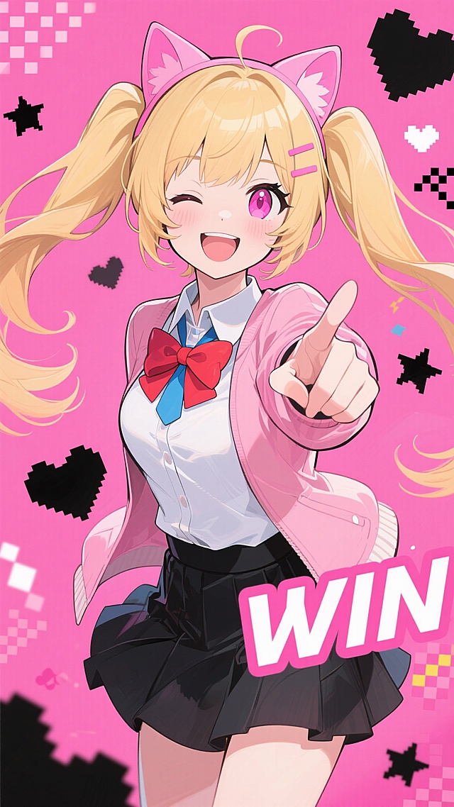 动漫风少女，猫耳双马尾，软3D质感，粉色背景点缀像素爱心与星星，霓虹灯效“WIN”字样，梦幻甜蜜，充满可爱感与胜利喜悦。