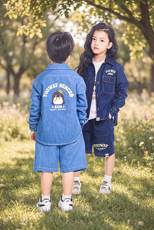保持图中两个儿童模特和蓝色牛仔童装产品的外观、结构、人物姿态、所有文字和Logo绝对不变，仅替换背景。生成舒适户外自然草坪背景，阳光透过树叶形成斑驳光影，整体氛围清新治愈，符合儿童服饰调性，低对比度柔和漫射光，画面明亮干净，莫兰迪暖色系。保持原图宽高比不变，严禁服装和人物扭曲变形。