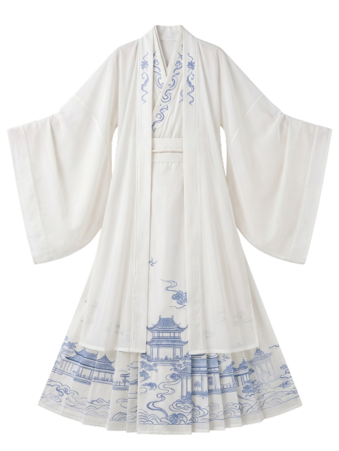 去掉模特，只保留这件汉服，生成平铺悬挂的平面服装展示图，保留原服装的款式、白色底配蓝色楼阁云纹刺绣图案，纯白背景，服装清晰干净预览效果