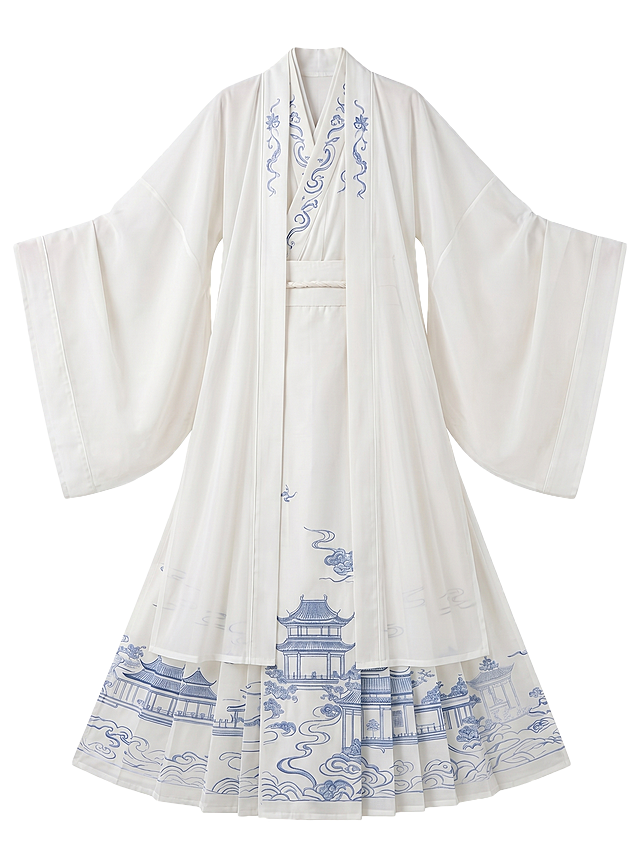 去掉模特，只保留这件汉服，生成平铺悬挂的平面服装展示图，保留原服装的款式、白色底配蓝色楼阁云纹刺绣图案，纯白背景，服装清晰干净