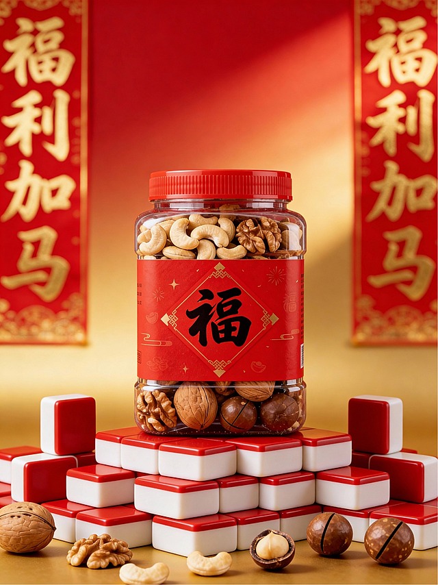 红色麻将随意堆叠成创意展台，主体摆放在麻将展台上（主体占画面比30%，正面视角），红金渐变背景（“福利加马”鎏金字体对联点缀，虚化），自然光影，高饱和喜庆感配色，保证溶图效果。