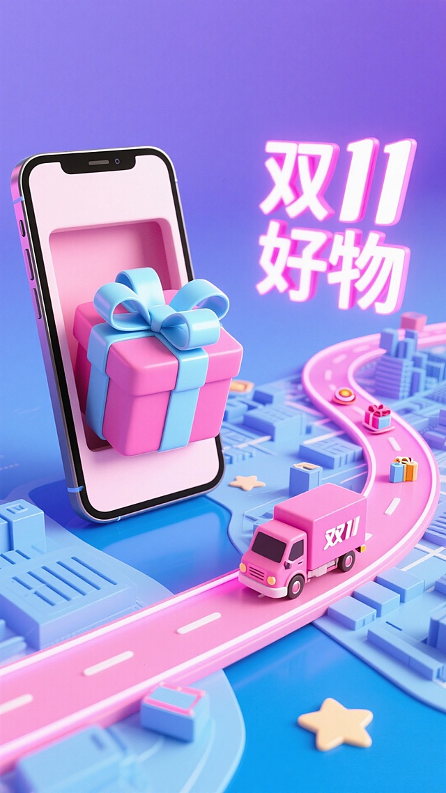 软3D风格融合微缩艺术，粉色系霓虹灯风营造梦幻甜蜜感，手机中弹出礼物盒，配送车沿轨道驶向城市，趣味十足的双11促销场景。