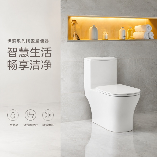 [单张主图] 伊索系列陶瓷坐便器马桶，高级氛围感主图，目标是展示产品完整器型和卫浴空间适配质感
[画面主体] 保持伊索系列陶瓷坐便器产品外观（物理结构、材质质感、颜色）与输入产品图绝对一致，杜绝任何变预览效果