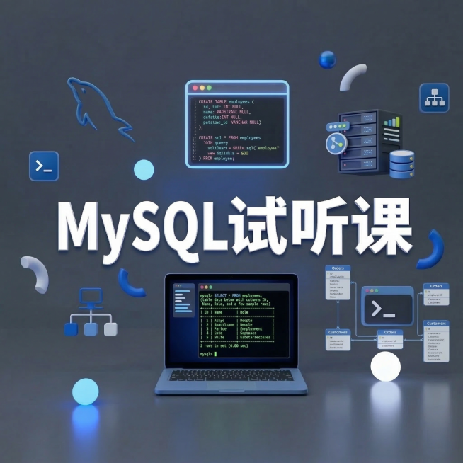 按原图风格生成新图：主标题改为"MySQL试听课"，保留原图的蓝白科技感3D渲染风格、深灰渐变背景、悬浮装饰元素的布局，将原有的Linux相关元素替换为MySQL相关元素（如数据库图标、SQL命令界面预览效果