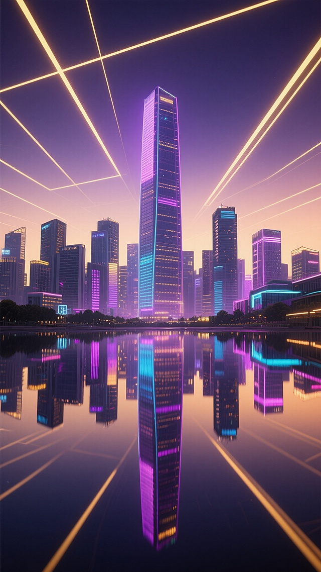 现代城市建筑群，中央矗立高耸摩天大楼，周围环绕多栋形态各异的现代化写字楼，建筑群前方有平静水面形成完美倒影，画面上方有几条倾斜的几何线条装饰，整体采用暗紫色与亮金色为主的渐变配色，呈现出赛博朋克风格的视觉效果，光影对比强烈，高楼表面有霓虹灯光点缀，水面反射出建筑与灯光的绚丽色彩，整体氛围神秘而富有科技感，构图保持原有的对称与平衡，视觉焦点集中在中央最高建筑。