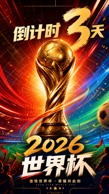 2026世界杯倒计时3天宣传海报，画面整体充满运动激情，包含醒目的大力神杯设计元素，主视觉突出，色彩热烈动感，海报上显示文字"倒计时3天"，2026世界杯主题，现代体育设计风格预览效果