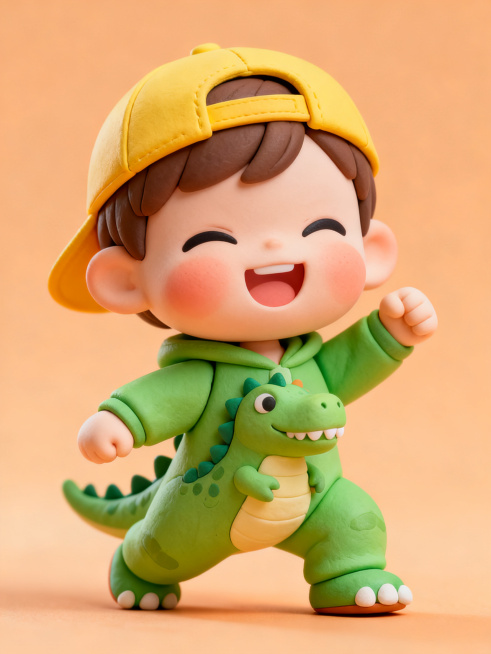A super energetic cute chibi baby boy with chubby cheeks, wearing a tiny yellow backward baseball ca预览效果