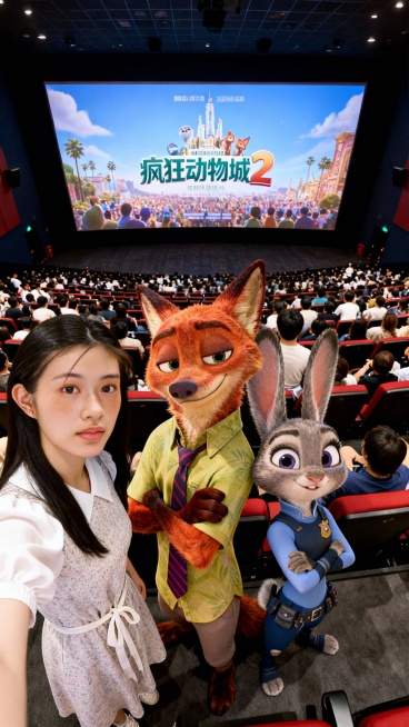 请将图1和图2的人物融合成一张俯拍自拍照，画面构图紧凑，主体靠得很近，头部略微上仰，眼神直视镜头，营造出强烈的视觉冲击力，背景为超大电影院坐满了观众，三人背对银幕，银幕显示《疯狂动物城2》电影精美海报预览效果