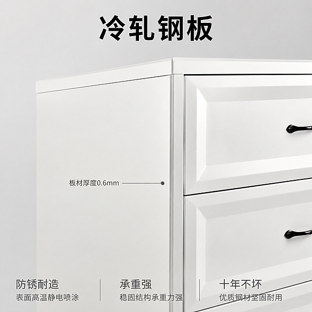 「图片1」，生成一套主图（8张），商品名称是钢制五斗柜，适配淘宝/天猫平台，主图比例为1:1主图 1｜首图（抓眼球 + 核心卖点）
文案： 加厚钢制斗柜｜环保无甲醛｜抽屉收纳柜｜两色可选（纯白色+米白色）
画面： 斗柜正面全景，干净客厅 / 卧室背景，简约高级，突出质感与尺寸
主图 2｜核心卖点（材质 + 耐用）
文案： 冷轧钢板｜防锈耐造｜承重强 十年不坏
画面： 柜体特写 + 板材厚度示意，金属质感强，坚固不摇晃
主图 3｜功能卖点（抽屉顺滑）
文案： 静音滑轨｜顺畅不卡顿｜缓冲静音
画面： 手拉开抽屉，滑轨细节，静音、顺滑、不夹手
主图 4｜健康卖点（无甲醛）
文案： 0 甲醛 无异味 孕妇儿童放心用
画面： 宝宝 / 家人靠近柜子，突出环保、安全、健康
主图 5｜收纳能力（大容量）
文案： 多层分类收纳 杂物一秒变整齐
画面： 抽屉打开，内部收纳整齐，玩具 / 衣物 / 文件都能装
主图 6｜场景图（家用百搭）
文案： 客厅｜卧室｜阳台｜办公室 都能用
画面： 斗柜放在卧室 / 客厅，场景真实，美观又实用
主图 7｜易清洁防水（优势）
文案： 防水防潮 一擦即净 不怕潮湿
画面： 抹布擦拭柜体，水珠效果，突出防锈易打理
主图 8｜活动 / 售后（促单）
文案： 厂家直销｜破损包赔｜现货速发
画面： 产品 + 服务标签，清晰醒目，提升信任