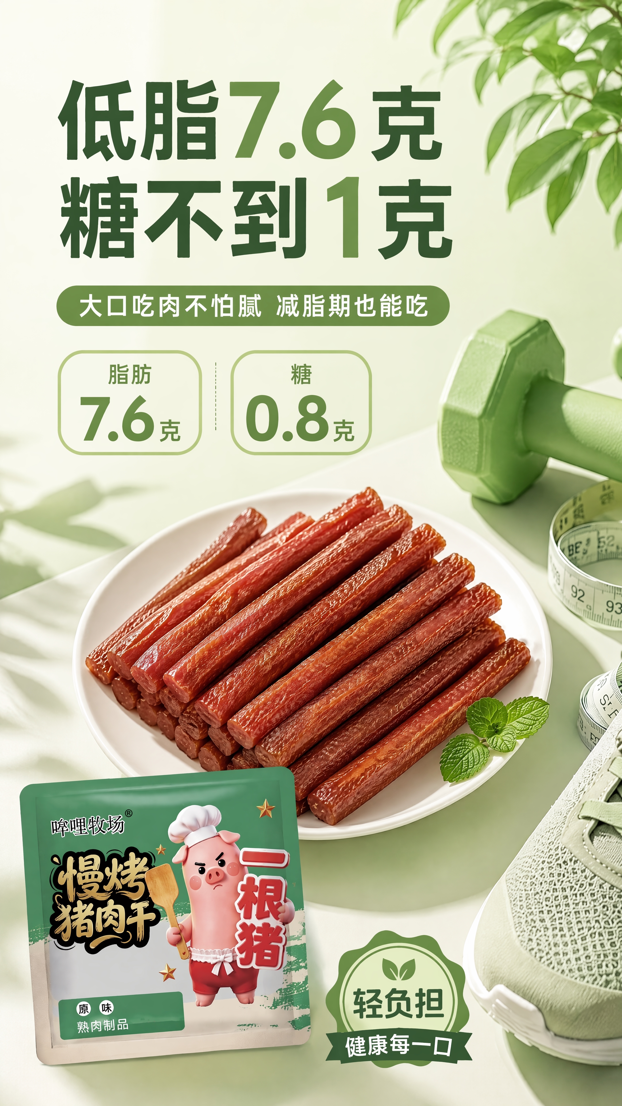 拼多多卖点图，清新浅绿背景，明亮简洁健康轻负担感。画面中央白色… - 图片创意预览