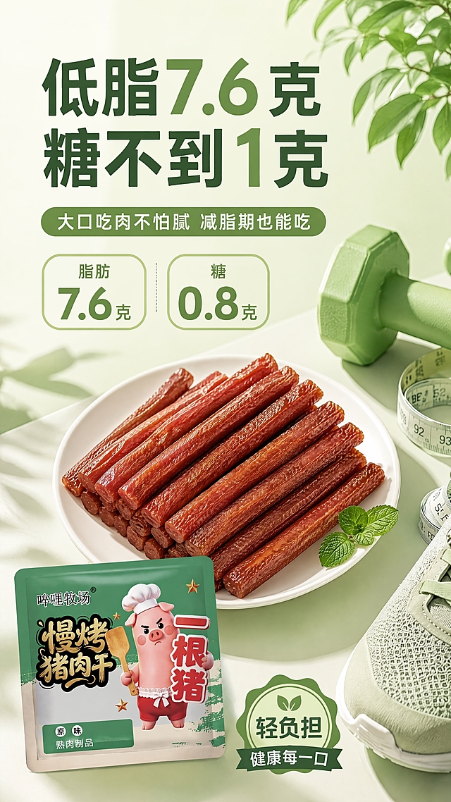 拼多多卖点图，清新浅绿背景，明亮简洁健康轻负担感。画面中央白色盘子里整齐摆放着多根长条细猪肉干（不是薄片肉片），每根都是细长条状，油润有光泽，堆叠摆放。盘子旁边放绿色哑铃、卷尺和运动鞋，象征低脂健康运动。左上角大字"低脂7.6克""糖不到1克"，绿色胶囊副标题"大口吃肉不怕腻 减脂期也能吃"，两个圆角方框分别标注"脂肪7.6克""糖0.8克"。左下角露出原味绿色包装，包装上厨师小猪IP与参考图一致。右下角绿色徽章"轻负担 健康每一口"。猪肉条为细长条状而非片状，质感真实油润。竖版9:16，干净通透，4K高清。