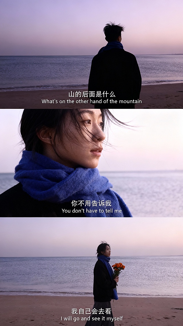 生成三宫格艺术感写真图，横向三宫格，场景为海边沙滩，天空呈淡紫与灰色渐变，海面平静。画面中有人物和参考图一致，穿着黑色上衣，搭配蓝色围巾。最上面一张为近景，站在沙滩上的背影，头发被风吹起，添加中英字幕“山的后面是什么 What's on the other hand of the mountain”；中间一张是特写，头发随风飘动，添加中英字幕“你不用告诉我 You don't have to te