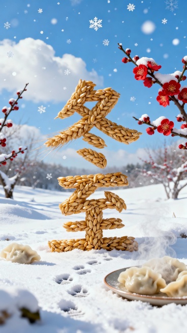 画面视觉中心为麦粒组成的“冬至”大字，宁静的雪地，幽静的梅花，雪花，饺子，飘雾，脚印，蓝天白云。预览效果