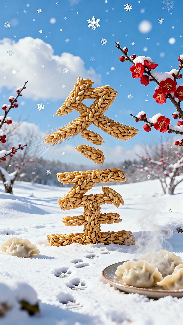 冬至大于年，冬至北方有吃饺子的习俗。饺子的原料面粉源于小麦，小麦组成的“冬至”相呼应。