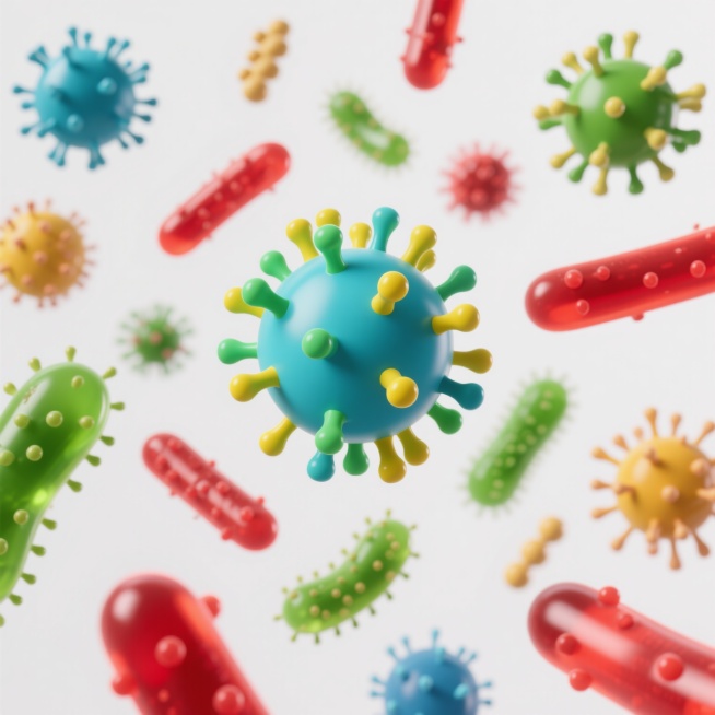 3D渲染风格的微生物集合，多种形态的病毒和细菌在纯白色背景上悬浮，主要病毒呈球形，带有绿色、蓝色、黄色、红色等鲜艳色彩，表面有突出的刺突结构，细菌为长条形，呈现红色和绿色，整体具有光滑的半透明质感和清晰的高光阴影效果，光影柔和，立体感强，各微生物大小不一、分布错落有致，色彩明快且对比鲜明，营造出科学、微观、生动的视觉效果。预览效果