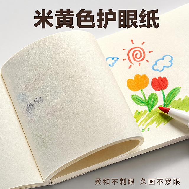 [主图-3] 米白色护眼纸张细节展示
[氛围风格] 真实质感展示
[画质] 商业摄影质感、光线柔和通透、产品清晰真实、画面干净高级
[元素] 打开图画本，微距特写展示内页纸张，保持整体产品外观一致，特写放大纸张纤维和色泽，呈现自然米黄色调，纸面干净平整，一张彩色马克笔涂鸦在纸张上，背面完全不透色，真实展示护眼不透墨效果。商品主体占比约75%，特写占据画面核心
[光影] 侧逆光打亮纸张，凸显纸张肌理，清透柔和
[配色] 米黄色纸张为主色调，搭配彩色马克笔的点缀，背景浅灰色简洁干净
[视角构图] 俯视特写，聚焦内页纸张，景深较浅突出细节
[文字版式] 顶部居中大字“米黄色护眼纸”，深棕色粗体；底部小字“柔和不刺眼 久画不累眼”，浅深对比清晰
[输出要求] 1:1比例，文字清晰锐利，超高清商业摄影质感
[负向提示词] 变形，文字错乱，产品图模糊，背景杂乱，水印，电商平台Logo
