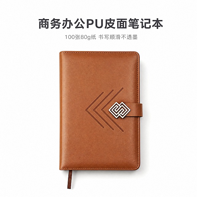 [主图-1] 首图产品身份展示，一本棕色PU皮面方扣笔记本单独展示，突出商务办公品质感。
[统一基调] 整体风格简洁大方商务专业，白色纯净背景，浅色基调，主标题深灰色，辅助文字浅灰色，字体为无衬线黑体，字号层级分明，无厚重色块边框，画面干净通透。
[画面] 画面中央放置一本棕色PU皮面方扣笔记本，闭合状态，正面视角略微俯视15度，产品占画面约65%。笔记本封面为棕色PU皮革材质，表面有细腻皮革纹理，左侧有三道压纹箭头装饰，右侧配有方形金属扣搭扣，底部露出棕色书签带。产品下方有自然柔和的接触阴影，不悬浮。背景为纯白色，干净无杂物。
[光影质感] 商业摄影质感，柔和均匀的顶光加侧光，皮革表面有自然的光泽和明暗过渡，体现PU皮的细腻质感和立体感，阴影柔和不生硬。
[配色] 白色背景，棕色笔记本主体，深灰色标题文字，浅灰色辅助文字，整体浅色基调，不出现黑色和金色配色。
[文字版式] 画面上方居中位置放置主标题「商务办公PU皮面笔记本」，字体为粗黑体深灰色。主标题下方放置一行辅助文案「100张80g纸 书写顺滑不透墨」，字体为常规体浅灰色，字号缩小50%以上。文字不遮挡产品主体。
[输出要求] 1:1正方形比例，产品清晰锐利，文字清晰可读，画面干净简洁。负向：变形、错字、模糊、杂乱、水印、平台Logo、黑色配色、金色配色、悬浮、穿模。