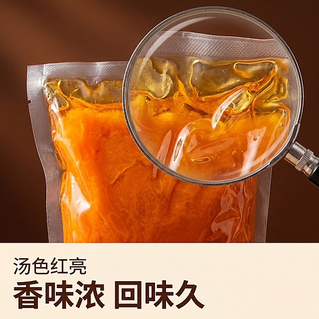 [主图 3] 巴蜀2真牛油细节特写，展示浓郁质感。[氛围风格] 微距特写，浓郁香味视觉化。[画质] 商业摄影质感，光线柔和通透，产品清晰真实，画面干净高级。[元素] 放大镜效果放大牛油融化后的油润细节，展示透亮浓稠的金黄油脂纹理，输入产品包装放置在画面下半部分作为主体，保持产品外观结构颜色绝对一致，精细化处理。商品主体占比75%左右，画面满屏无边框。[光影] 侧光突出牛油表面油润光泽，纹理清晰有层次，高光不溢出。[配色] 棕褐色背景衬托金黄牛油，暖色系食欲感强。[视角构图] 中心特写构图，聚焦细节。[文字版式] 底部左对齐大字文案“香味浓 回味久”，深棕色粗体，上方小字标注“汤色红亮”，清晰不遮挡主体。[比例分辨率] 1:1 比例，2k 分辨率；文字清晰锐利，画面超高清。[负向提示词] 变形，水印，文字错乱，产品图模糊，背景杂乱