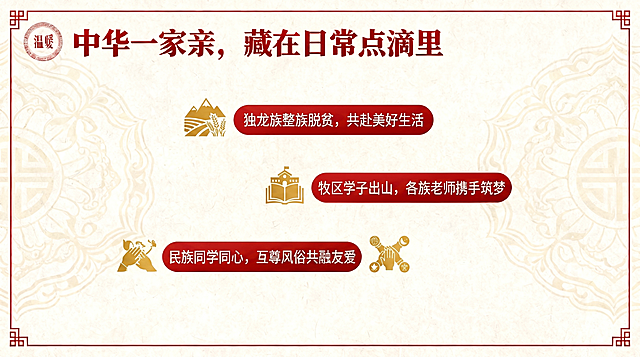 保持标题："中华一家亲，藏在日常点滴里"，保持原有风格布局：淡民族纹样低饱和背景、红金暖色调、简约国风图标、画面干净清新，将三行内容替换为实例：1.独龙族整族脱贫，共赴美好生活；2.牧区学子出山，各族老师携手筑梦；3.民族同学同心，互尊风俗共融友爱。