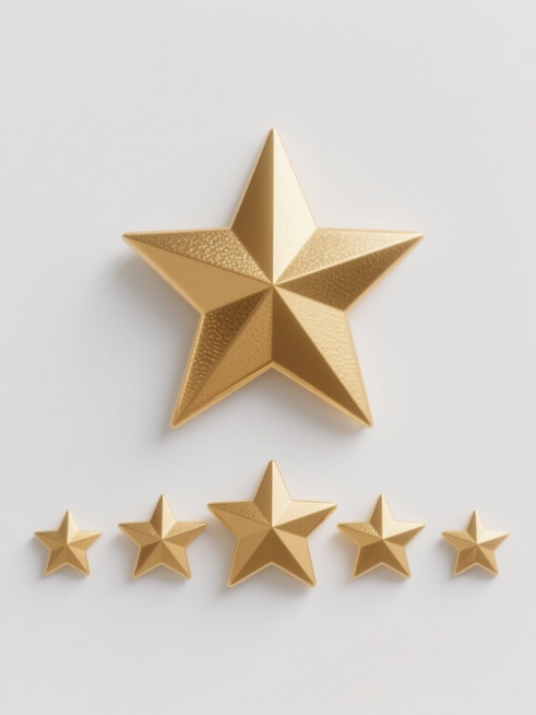 五个金色五角星以中间最大、向两侧对称渐小的排列方式水平分布，星星表面有细腻的立体高光和阴影纹理，呈现出金属质感，整体置于纯白色背景上，干净简洁，符合现实光影逻辑，适合作为背景素材使用。预览效果