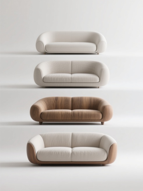 高清产品摄影风格，白色纯净背景，4个不同样式、不同风格、不同材质的沙发呈整齐水平排列，每个沙发保持原图中3D渲染的平滑曲面、清晰结构线条、真实布料纹理和木质家具的温润质感，统一采用柔和均匀的顶光照明，无明显阴影，突出沙发本身的形态美和材质细节，整体构图简洁大气，具有现代家居产品展示的专业感和高级感。预览效果