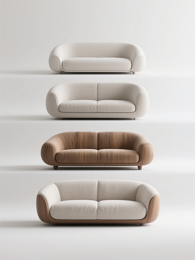 高清产品摄影风格，白色纯净背景，4个不同样式、不同风格、不同材质的沙发呈整齐水平排列，每个沙发保持原图中3D渲染的平滑曲面、清晰结构线条、真实布料纹理和木质家具的温润质感，统一采用柔和均匀的顶光照明，无明显阴影，突出沙发本身的形态美和材质细节，整体构图简洁大气，具有现代家居产品展示的专业感和高级感。
