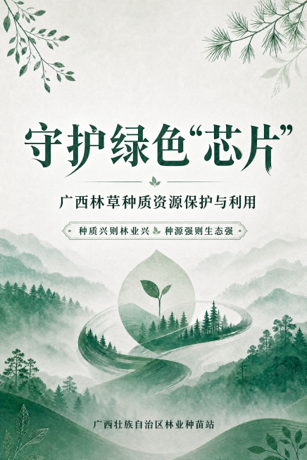 广西林草种质资源保护宣传折页封面，加深背景图和枝叶素材的绿色深度，保持现有整体版式布局不变，给大标题“守护绿色“芯片””设计更有设计感的字体，同时保持稳重不张扬符合体制内风格，设计样式和内页保持一致预览效果