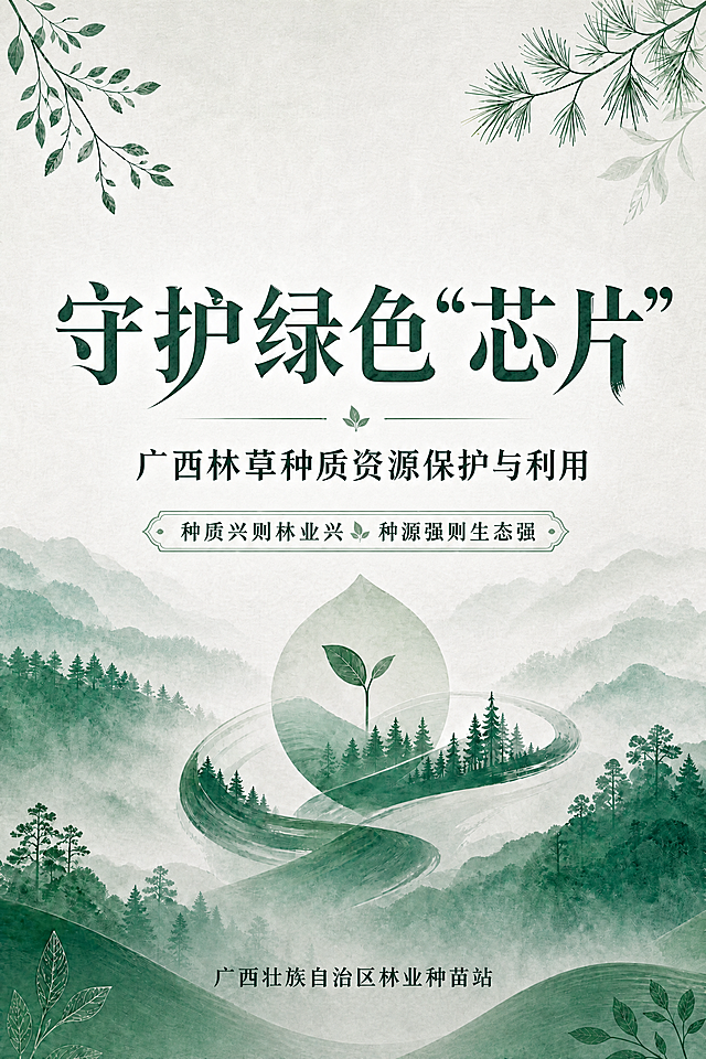 广西林草种质资源保护宣传折页封面，加深背景图和枝叶素材的绿色深度，保持现有整体版式布局不变，给大标题“守护绿色“芯片””设计更有设计感的字体，同时保持稳重不张扬符合体制内风格，设计样式和内页保持一致