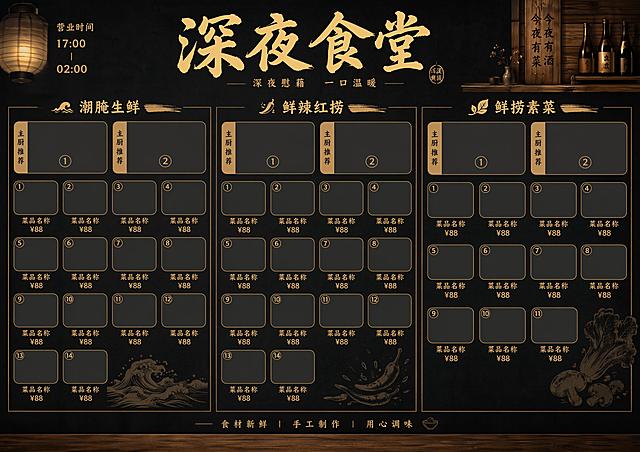 潮腌生鲜(14)
鲜辣红捞(14)
猛火辣炒(15)
鲜捞素菜(11)
泰式风情(3)
熟醉小食(4)
冷面主食(4)
酒水饮料(4)
以上是我店内菜品分类和菜品数量，帮我制作出一个A3尺寸的菜单模板，除了酒水饮料和冷面主食这两个分类的菜品不用留图片的位置，剩下所有菜品都要有图片、名称、价格的位置，并且整体风格要以黑色基调的深夜食堂风格为主！并且每个分类要帮我留出来2到3个大图推荐位！注意一下，这个菜单得是正反面的，所以你需要做出来两张A3的模板图