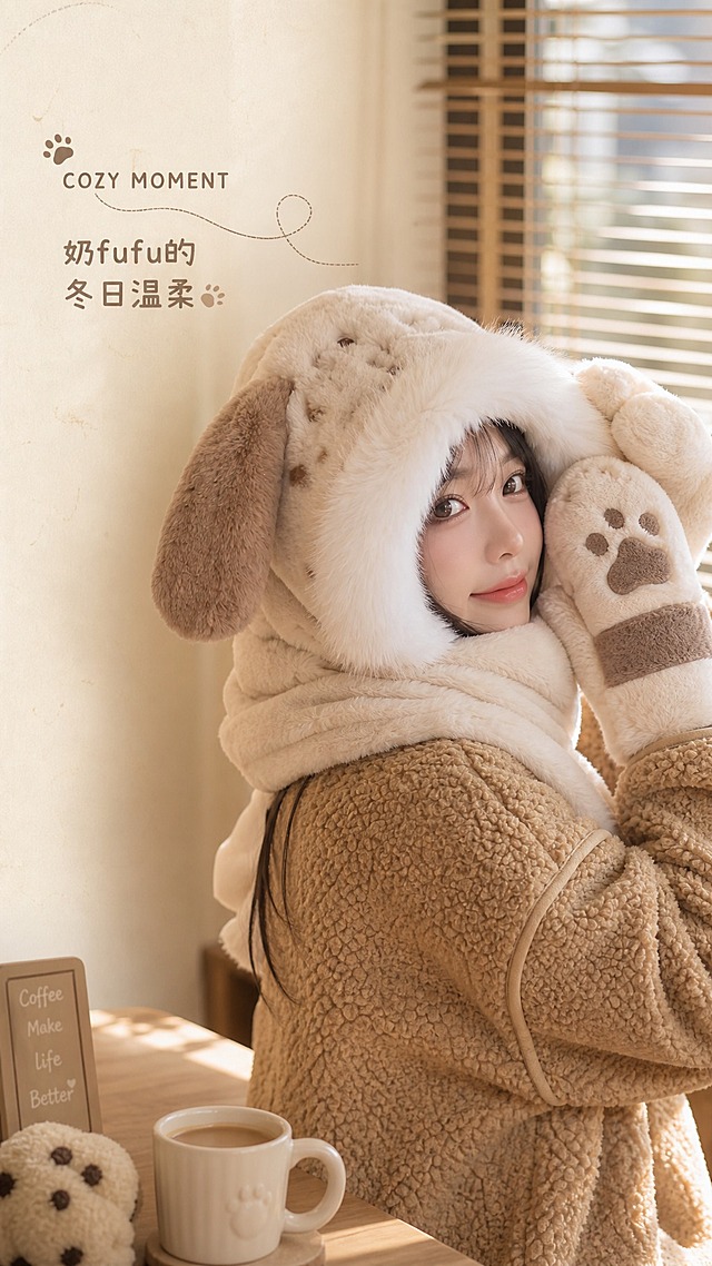 [商品] 使用【图5】奶咖斑点狗款毛绒三件套；保留斑点狗帽造型、棕色耳朵、奶咖色爪印手套、围巾一体结构和奶咖配色；增强毛绒蓬松感和斑点纹理清晰度，不改变版型。
[画面] 目标：奶咖款补充姿态模特展示，展现侧面和趣味姿态。构图：右主体左留白竖版，模特侧身回望镜头，一只手轻扶帽檐，姿态自然俏皮，产品占画面65%；左侧留白区域放小号英文装饰和氛围短句；前景有咖啡杯和毛绒小道具点缀，中景模特半身，背景为咖啡馆窗边虚化场景（百叶窗+暖光）。阅读动线：左侧文字→右侧模特主体。
[视觉] 套系策略：风格=简约暖调日系少女风商业摄影；标题字=圆润可爱无衬线粗体；正文字=简洁纤细无衬线体；主色=奶白米杏；背景延展=基于奶白米杏做深浅渐变、同色系柔和晕染和细腻毛绒/纸张质感；强调色=奶茶棕，仅用于小面积图标、引线和标签；标题色=深咖棕；正文色=暖灰棕；组件=圆角浅底信息卡、细线引线、可爱爪印小图标；光影=右侧窗边暖柔自然光，柔和侧逆光，毛绒有通透感。
[文字] 左侧上方小号英文："COZY MOMENT"，下方短句："奶fufu的冬日温柔"；文字量少，不抢画面主体，位置偏左上不遮挡产品。
[规格] 图片比例9:16竖版，4K，避免变形、错字、文字过多、冷蓝背景、姿态僵硬。