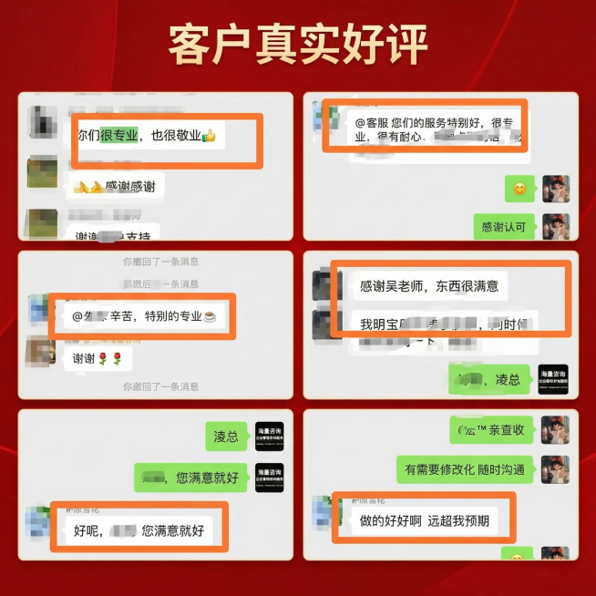 企业管理咨询服务客户好评展示主图，一比一正方形尺寸，整体风格参考第三张参考图，采用红色背景，专业商务风格，排版整齐，嵌入6张真实微信客户评价截图，保持评价内容原图不变，排版为3行2列，顶部添加标题文字预览效果