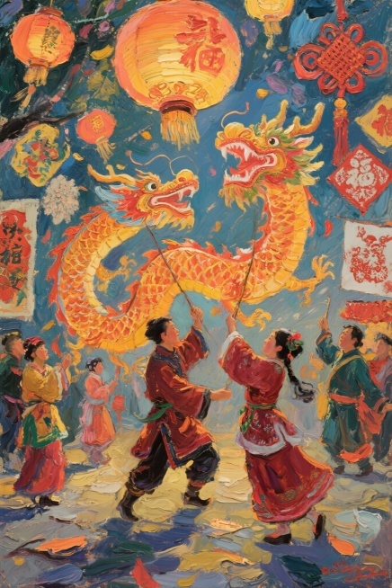 帮我生成个关于传统节日风俗的教辅图书材料封面，要求包含传统文化元素和传统节日风俗，不含有任何文字包括中文或英文，油画表现形式，色彩鲜艳，视觉冲击强预览效果