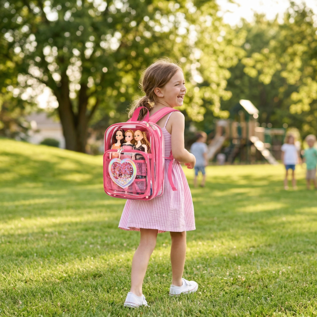 A 9-year-old white girl is carrying the pink transparent backpack with dolls inside, the product fro预览效果