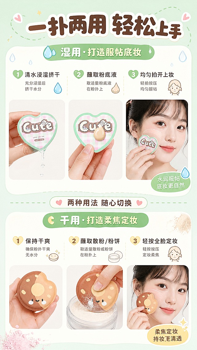[商品] 使用【图2】爱心形粉扑和巧克力心形粉扑；保留形状、颜色、图案；商品处理：保留造型和图案，粉扑由手部持握展示使用动作，分别展示干用和湿用状态。
[画面] 目标：使用步骤页，干用/湿用两种用法演示。构图：上下分栏，上半部分"湿用·底妆"展示粉扑蘸取粉底液在手部/脸部拍开的动作，下半部分"干用·定妆"展示粉扑蘸取散粉轻按的动作。中间用分割线和标题区分。背景：浅薄荷绿+奶白色块分区，搭配小水滴和粉雾元素点缀。
[视觉] 套系策略：风格=甜美少女风商业摄影；标题字=圆润可爱粗体字；正文字=简洁圆润无衬线体；主色=马卡龙粉+薄荷绿；背景延展=基于粉绿做渐变、同色系深浅层级、柔和光斑和可爱装饰元素；强调色=奶黄色，仅用于小面积图标、标签和高光点缀；标题色=深棕咖色；正文色=暖灰色；组件=圆角奶白信息卡、虚线引线、可爱图标；光影=顶部柔光灯效，整体明亮通透，产品有柔和投影。
[文字] 顶部主标题"一扑两用 轻松上手"。上半区标题"湿用·打造服帖底妆"配3步：1.清水浸湿挤干 2.蘸取粉底液 3.均匀拍开上妆；下半区标题"干用·打造柔焦定妆"配3步：1.保持干爽 2.蘸取散粉/粉饼 3.轻按全脸定妆。每步配小图标，文字横排清晰可读。
[规格] 图片比例9:16竖版，4K，避免变形、错字、文字过小、冷蓝背景。