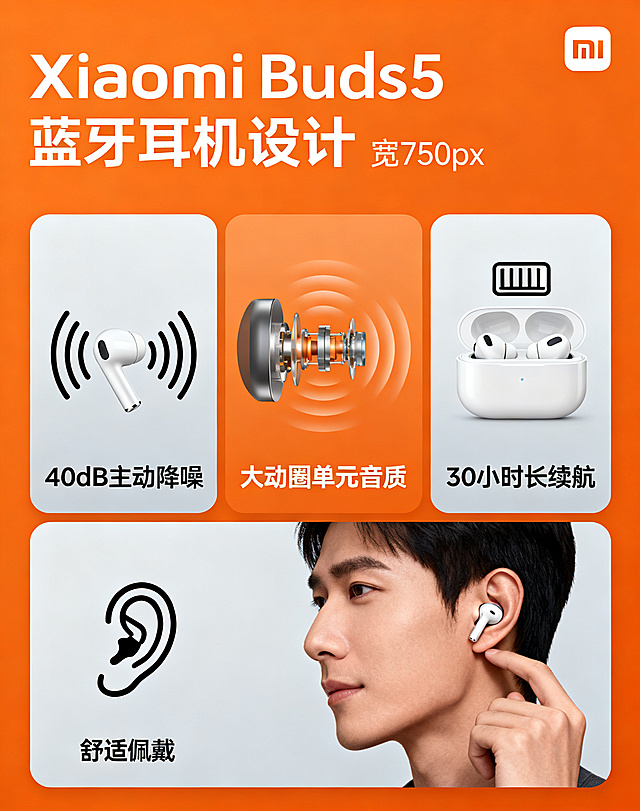 技术卖点区块图，分四个区域分别展示XiaomiBuds5蓝牙耳机的40dB主动降噪、大动圈单元音质、30小时长续航、舒适佩戴四个卖点，小米橙色品牌为主色调，搭配浅灰科技辅助色，简洁科技感设计，每个卖点配简约图标，750px宽，高不超过1000px，高清
